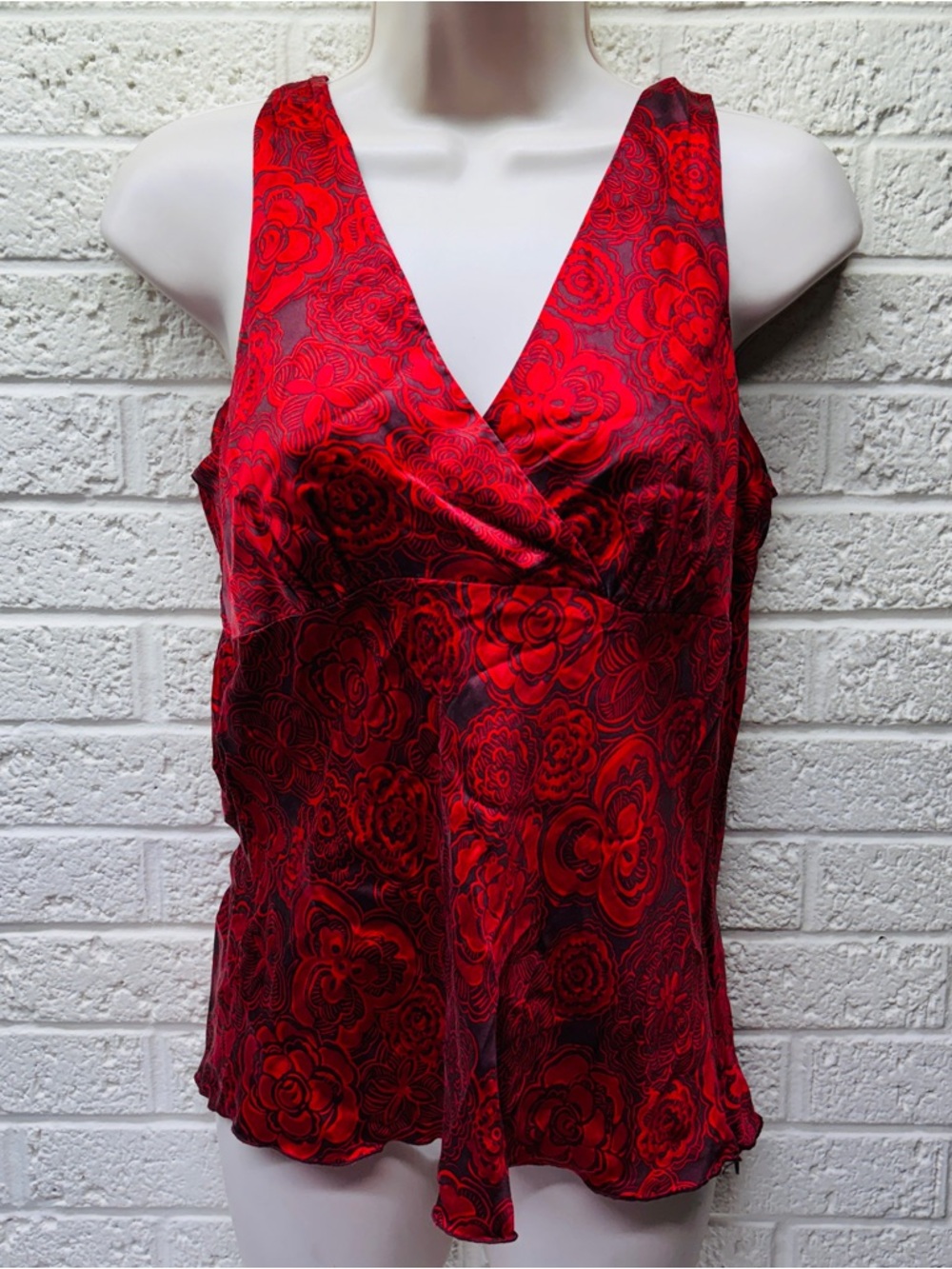 VTG‼ Y2K OLD NAVY Sz M Perfect Fit Red Floral 100% Silk Babydoll Tank Top •READ‼